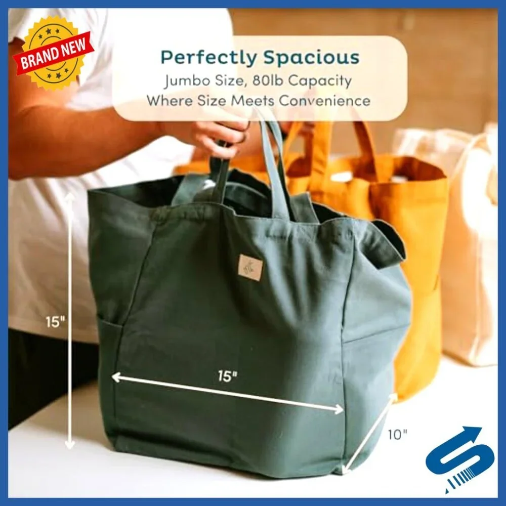 Heavy Duty Cotton Canvas Reusable Grocery Totes Foldable Multi Compartment